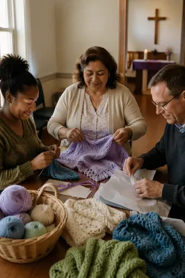 Volunteers Folding Knitted Shawls in Community Room