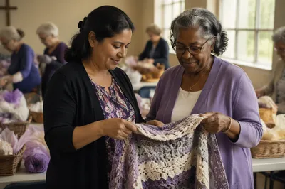 Women Folding Knitted Prayer Shawl Together