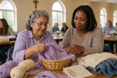 Women Folding Knitted Shawl in Fellowship Hall