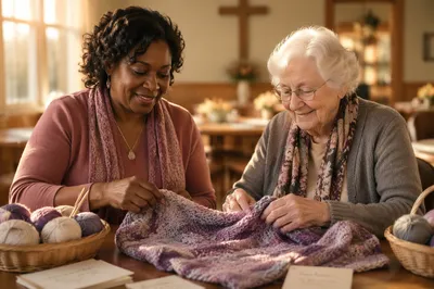 Two Women Folding Knitted Shawl