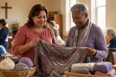 Women Unfolding Hand Knitted Shawl Together