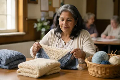 Woman Folding Knitted Shawl at Table