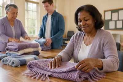 Women Folding Knitted Shawls in Fellowship Room