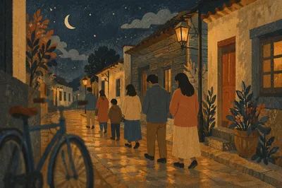 Neighborhood Prayer Walk Under Evening Streetlights