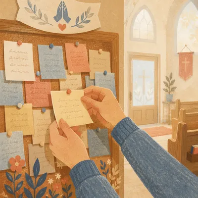 Hands Placing Prayer Note on Church Wall