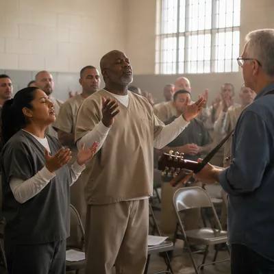 Inmates Singing in Prison Chapel Service