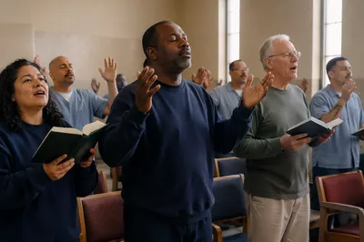 Inmates and Chaplains in Prison Chapel