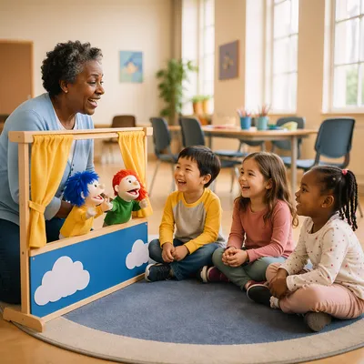 Children Watching Puppet Show in Church Room