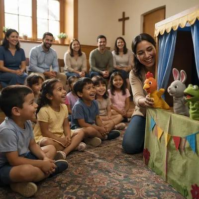Children Watching Puppet Show in Church Room