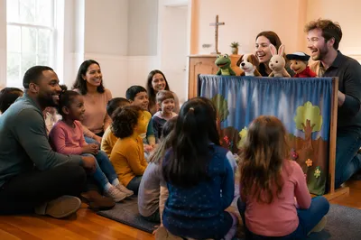 Children Watching Puppet Show in Church Room