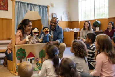 Children Watching Puppet Show in Church Room