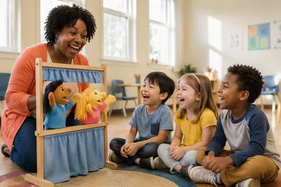 Children Watching Puppet Show in Church Room