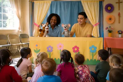Children Watching Puppet Show in Church Room