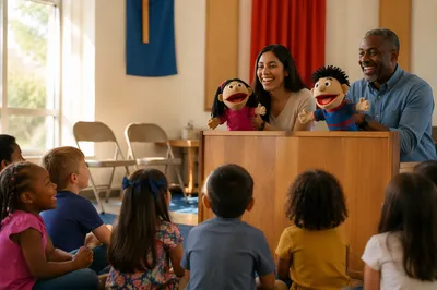 Children Watching Puppet Show in Community Hall