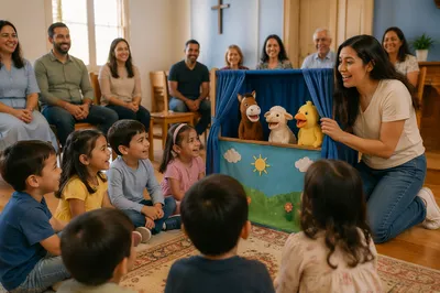 Children Watching Puppet Show in Community Room
