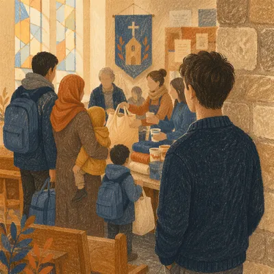 Church Volunteers Welcoming Refugee Family Warmly