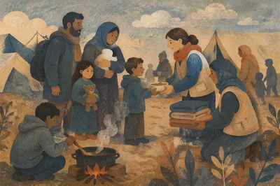 Church Volunteers Welcoming Refugee Family Outdoors
