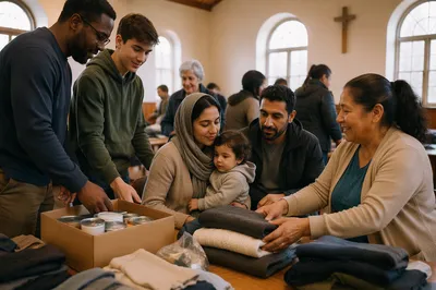 Refugee Family Receiving Help in Church Hall