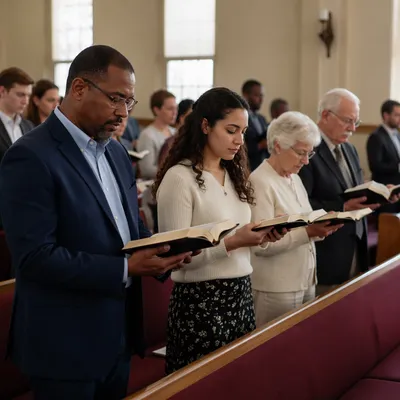 Congregation Standing with Open Bibles