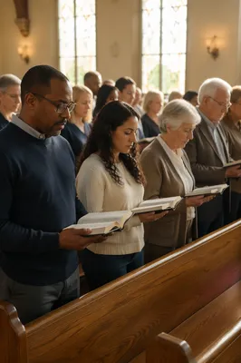 Congregation Standing with Open Bibles