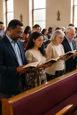 Congregation Standing with Open Bibles