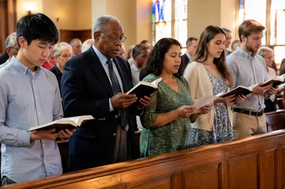Congregation Standing with Open Bibles in Church