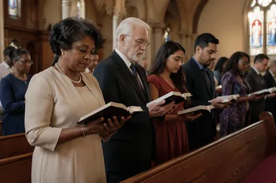 Congregation Standing with Open Bibles