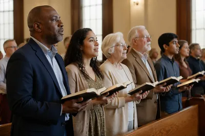 Congregation Standing with Open Bibles