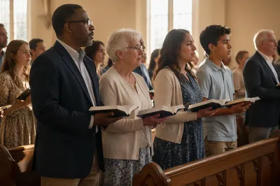 Congregation Standing with Open Bibles
