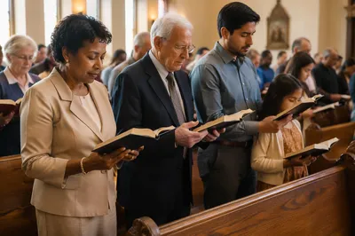 Congregation Standing in Church Reading Together