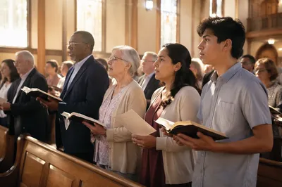 Congregation Standing with Open Bibles
