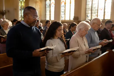 Congregation Standing in Church With Open Bibles