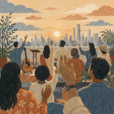 Sunrise Rooftop Worship Over City Skyline