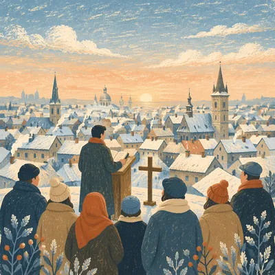 Winter Rooftop Worship Over European Skyline