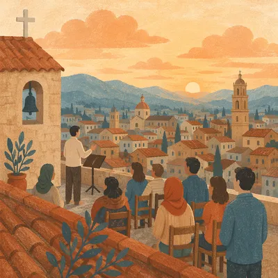 Rooftop Worship Over Historic City Skyline