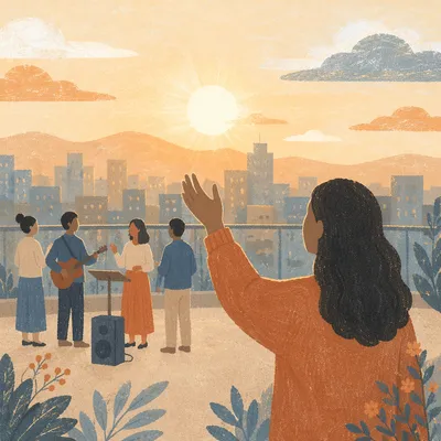 Rooftop Worship Service Over City Skyline