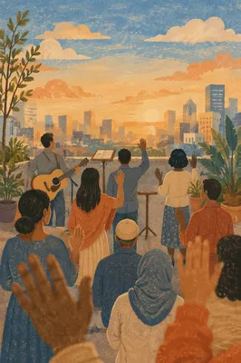 Sunrise Rooftop Worship Over City Skyline