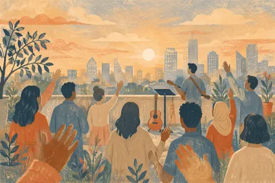 Sunrise Rooftop Worship Over City Skyline