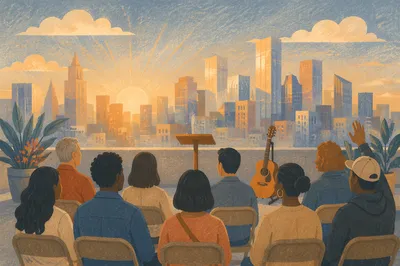 Sunrise Rooftop Church Service Over City Skyline