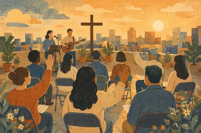 Rooftop Church Worship at Golden Hour