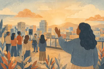 Rooftop Worship Service Over City Skyline