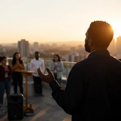 Rooftop Worship Service Over City Skyline
