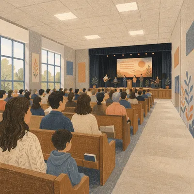 Sunday Church Service in School Auditorium