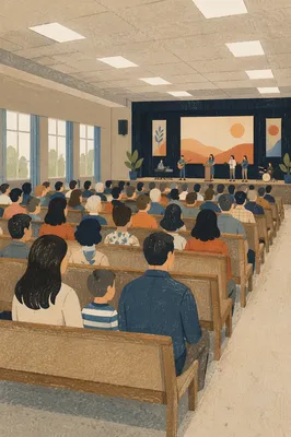 Sunday Church Service in School Auditorium