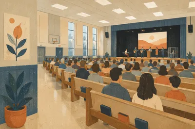 Sunday Church Service in School Auditorium