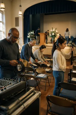 Volunteers Preparing Auditorium for Sunday Service