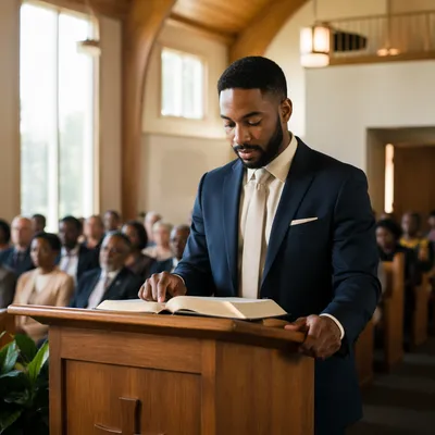 Man Reading at Church Pulpit