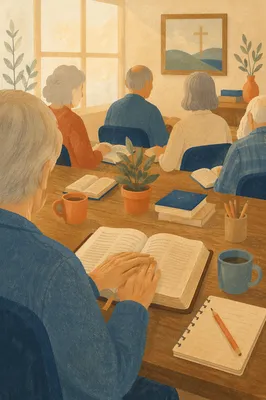 Senior Bible Class in Cozy Church Classroom