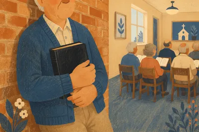 Senior Bible Class in Warm Church Hallway