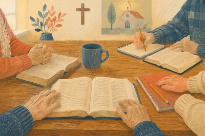 Senior Adults Bible Class Around Wooden Table